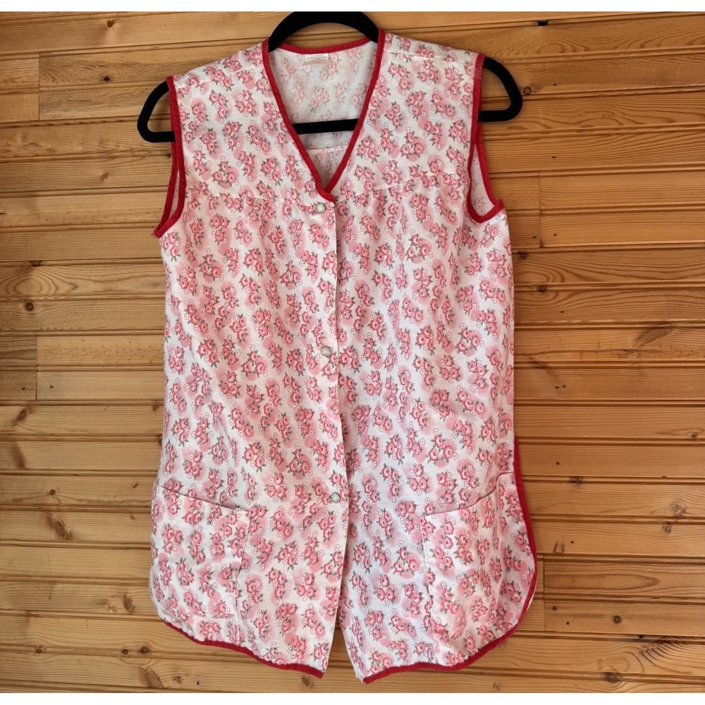 VTG 70s Artistic Creations Smock White Roses Pink Trim Large Cottage Art Class